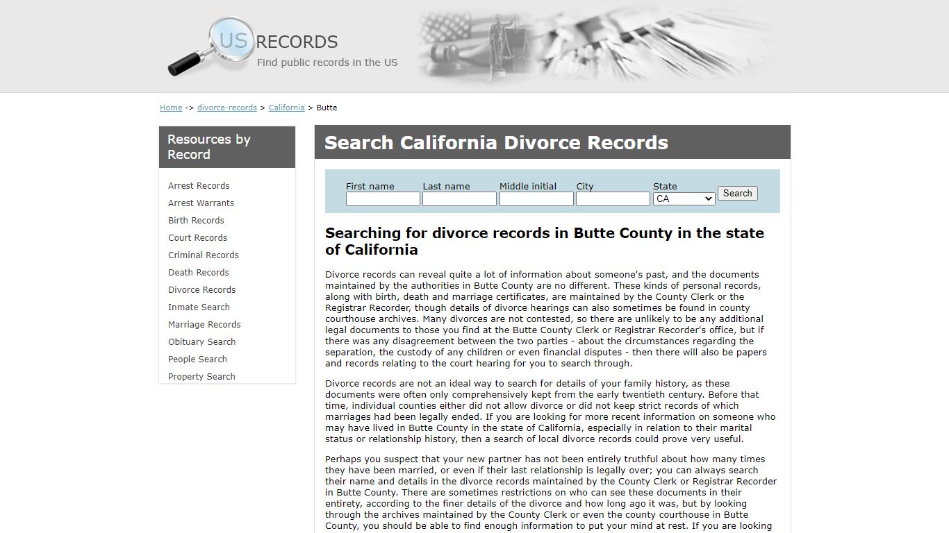 Search Divorce Records Butte California | US Records